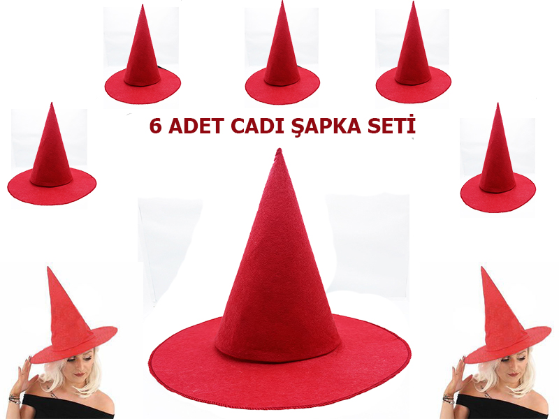 kirmizi-renk-kece-cadi-sapkasi-y-resim-4331.jpg 6'lı Paket Kırmızı Keçe Cadı Şapkası Seti - Görsel 1