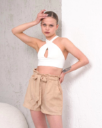 Kuşaklı keten şort bej s255265 - Görsel 2