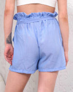 Kuşaklı keten şort mavi s255265 - Görsel 3