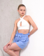 Kuşaklı keten şort mavi s255265 - Görsel 4