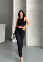 Mom fit enzim bıyıklı taş yı jeans pantolon siyah - Görsel 2