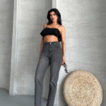 Mom fit enzim taş yı jeans pantolon füme