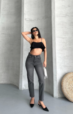 Mom fit enzim taş yı jeans pantolon füme - Görsel 3