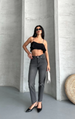 Mom fit enzim taş yı jeans pantolon füme - Görsel 6
