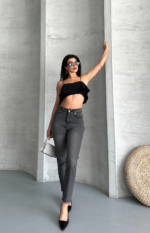 Mom fit enzim taş yı jeans pantolon füme - Görsel 5