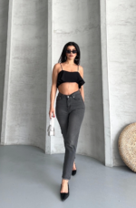 Mom fit enzim taş yı jeans pantolon füme - Görsel 7
