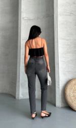 Mom fit enzim taş yı jeans pantolon füme - Görsel 4