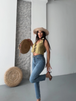 Mom fit kar yı bıyık detaylı jeans pantolon - Görsel 5