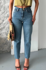 Mom fit kar yı bıyık detaylı jeans pantolon - Görsel 7