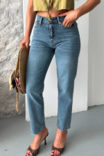 Mom fit kar yı bıyık detaylı jeans pantolon - Görsel 6
