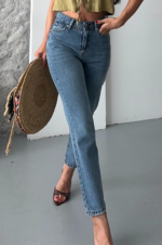 Mom fit kar yı bıyık detaylı jeans pantolon - Görsel 3