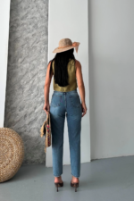 Mom fit kar yı bıyık detaylı jeans pantolon - Görsel 4