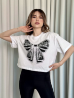 Oversize Beyaz baskılı crop tişört - Görsel 2