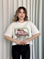 Oversize Beyaz baskılı crop tişört - Görsel 2