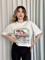 Oversize Beyaz baskılı crop tişört - Görsel 3