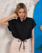 Sıfır kollu bağlamalı crop gömlek siyah s255359 - Görsel 5