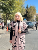 Siyah çizgi desenli elbiseli hırka takım pudra siyah - Görsel 3