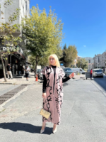 Siyah çizgi desenli elbiseli hırka takım pudra siyah - Görsel 2