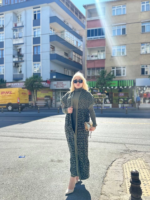 Siyah çizgi desenli elbiseli hırka triko takım haki - Görsel 3
