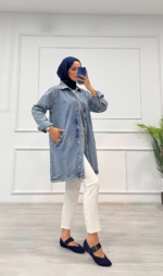 Taşlı tunik ceket kar yı orta mavi - Görsel 4