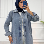 Taşlı tunik ceket kar yı orta mavi