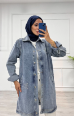 Taşlı tunik ceket kar yı orta mavi