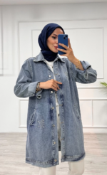 Taşlı tunik ceket kar yılı mavi - Görsel 7