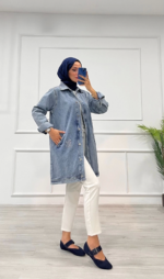 Taşlı tunik ceket kar yılı mavi - Görsel 5