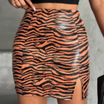 Tek yırtmaçlı zebra desenli deri etek kahvesiyah w24475-S