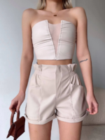 Tüllü deri crop bej w24615 - Görsel 4