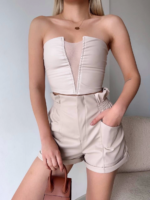 Tüllü deri crop bej w24615 - Görsel 3