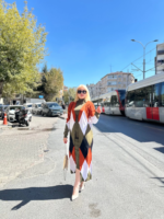 Uzun hırka içi elbise ikili triko takım ekose baklava desen haki kırmızı - Görsel 4