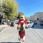 Uzun hırka içi elbise ikili triko takım ekose baklava desen haki kırmızı