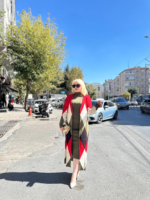 Uzun hırka içi elbise ikili triko takım ekose baklava desen haki kırmızı - Görsel 5
