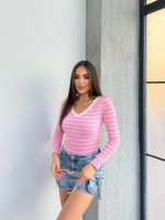 V yaka çizgili bluz pembe - Görsel 4