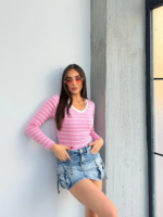 V yaka çizgili bluz pembe - Görsel 2
