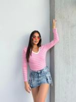 V yaka çizgili bluz pembe - Görsel 3