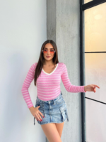 V yaka çizgili bluz pembe - Görsel 5