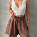 Volanlı keten şort kahve s255058