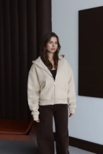 3 iplik şardonlu kapşonlu hoodie frm bej p510437 - Görsel 6