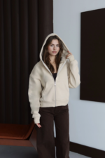3 iplik şardonlu kapşonlu hoodie frm bej p510437 - Görsel 5