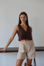 Müslin kumaş şort bağcıklı bej pt - Görsel 4