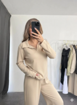 Polo yaka alt üst kollu modal takım bej pt - Görsel 2