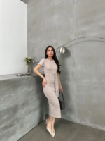 Kuşaklı mdl esnek kumaşlı elbise bej pt - Görsel 2