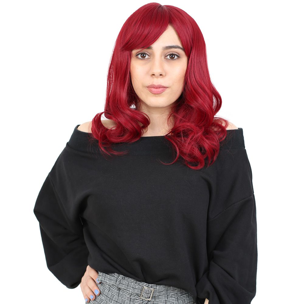 1-114.jpg Dalgalı Perçemli Orta Boy Fiber Sen Peruk / Kızıl - Görsel 1
