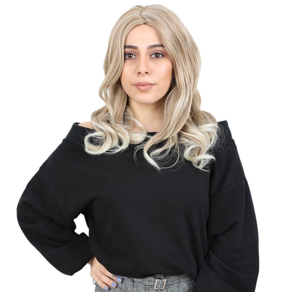 1-130.jpg Kahkülsüz Fiber Sen Orta Boy Dalgalı Peruk / Karamel / Platin Röfleli - Görsel 1