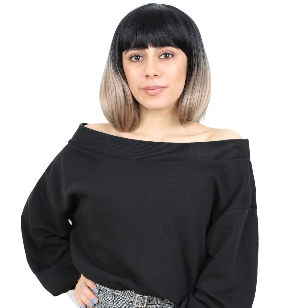1-137.jpg Kısa Küt Perçemli Fiber Sen Peruk / Siyah / Küllü Bebek Sarı Ombreli - Görsel 1