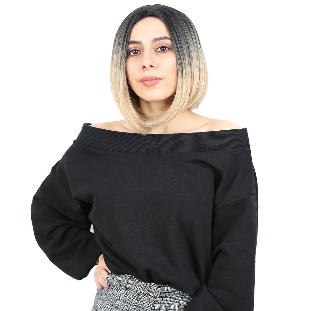 1-168.jpg Kahkülsüz Düz Kısa Fiber Sen Peruk / Siyah / Balköpüğü Ombreli - Görsel 1