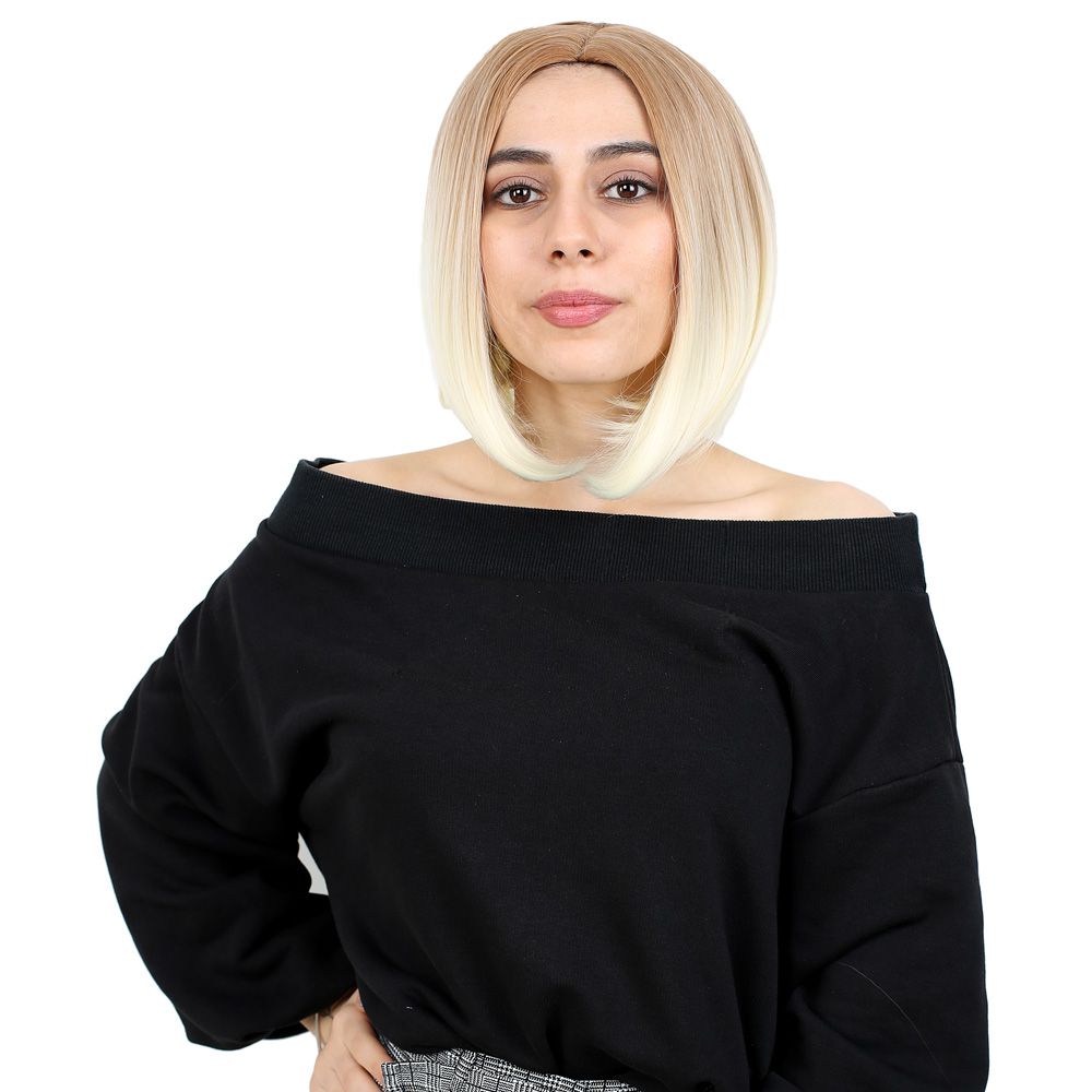 1-170.jpg Kahkülsüz Düz Kısa Fiber Sen Peruk / Balköpüğü / Platin Ombreli - Görsel 1
