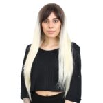 Fiber Sen Uzun Düz Kahküllü Peruk / Küllü Açık Kahve / Platin Ombreli - Görsel 2